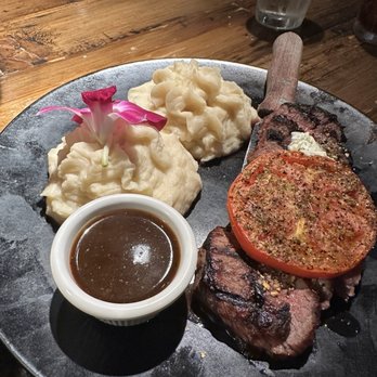 Sur at The Barnyard - New York Pepper Steak 12 Oz Gluten Free Dinner and mashed potatoes - New American Near Me - Carmel, California Sur at The Barnyard - New York Pepper Steak 12 Oz Gluten Free Dinner and mashed potatoes - New American Near Me - Carmel, California