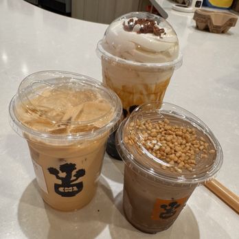 Cha Redefine - Salty butter latte on left, brown sugar boba milk in the back, and hojicha latte - Tea Rooms Near Me - Costa Mesa, California