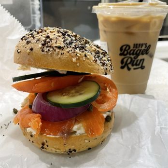 Jeff's Bagel Run - Everything bagel with a lox kit and a honey oat latte - Bagels Near Me - Houston, Texas Jeff's Bagel Run - Everything bagel with a lox kit and a honey oat latte - Bagels Near Me - Houston, Texas