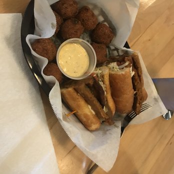 Nola Voodoo Tavern - Hot Sausage po boy with delicious hush puppies - Cafes Near Me - Denver, Colorado Nola Voodoo Tavern - Hot Sausage po boy with delicious hush puppies - Cafes Near Me - Denver, Colorado