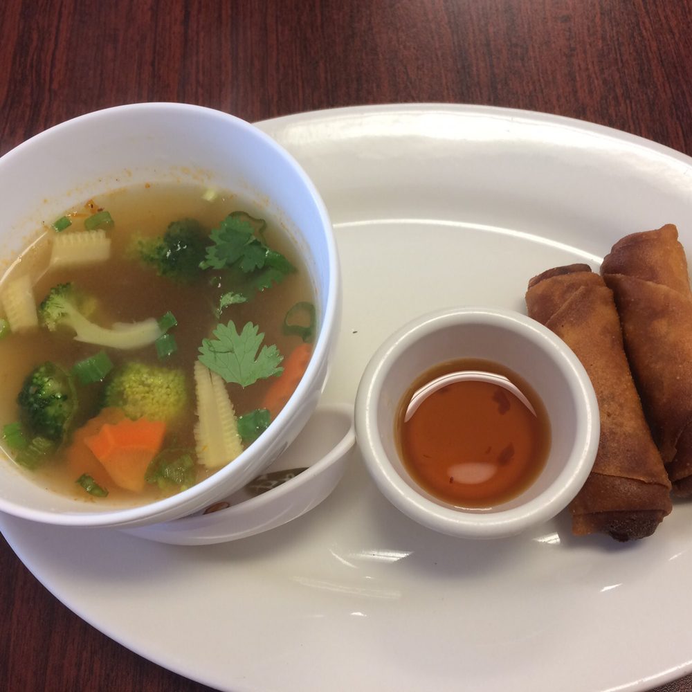 Thai Orchid Restaurant - Lunch special ($7) comes with soup of the day (hot and sour the day I went) and 2 egg rolls - Thai Near Me - Saint Louis, Missouri Thai Orchid Restaurant - Lunch special ($7) comes with soup of the day (hot and sour the day I went) and 2 egg rolls - Thai Near Me - Saint Louis, Missouri