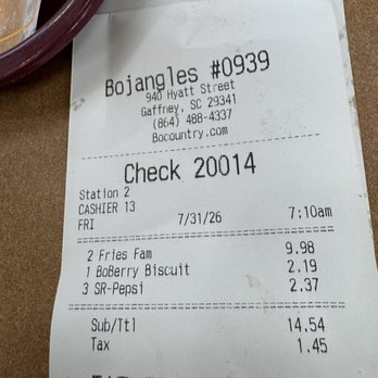 Bojangles - The receipt.- 7/3126 - Fast Food Near Me - Gaffney, South Carolina