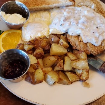 Perky Beans Coffee & PB Cafe - Chicken fried steak, potatoes, 2 eggs, 2 slices of sourdough bread, raspberry jelly and butter - Coffee & Tea Near Me - Leander, Texas Perky Beans Coffee & PB Cafe - Chicken fried steak, potatoes, 2 eggs, 2 slices of sourdough bread, raspberry jelly and butter - Coffee & Tea Near Me - Leander, Texas