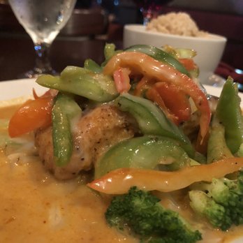 Thai Kitchen Restaurant - Salmon Panang Sauce.  Looks good but fish was waaaaay overcooked - Thai Near Me - Fishers, Indiana