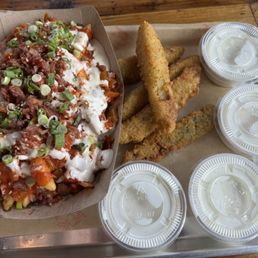 Bacon Kimchi Fries and fried pickles Bacon Kimchi Fries and fried pickles