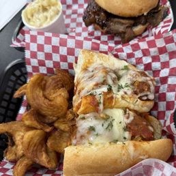 Meatball sub with sidewinder fries and tri tip sandwich with white Mac and cheese. Meatball sub with sidewinder fries and tri tip sandwich with white Mac and cheese.