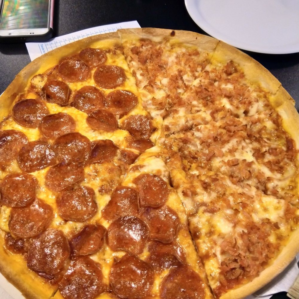 Baker's Pizza - Large half pepperoni half Canadian bacon - Pizza Near Me - Maysville, Oklahoma Baker's Pizza - Large half pepperoni half Canadian bacon - Pizza Near Me - Maysville, Oklahoma