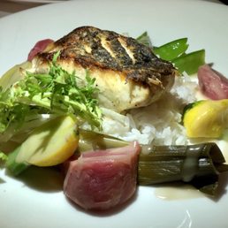 Striped bass with jasmine rice, beets, leeks.