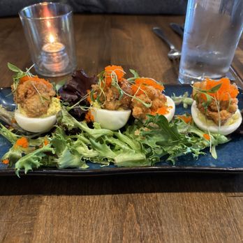 King Neptune Restaurant - Deviled eggs with fried oysters and caviar. Special menu appetizer. - Seafood Near Me - Wrightsville Beach, North Carolina