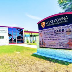 West Covina Unified School District  (Child Care sign): Big care for little learners! West Covina USD offers child care