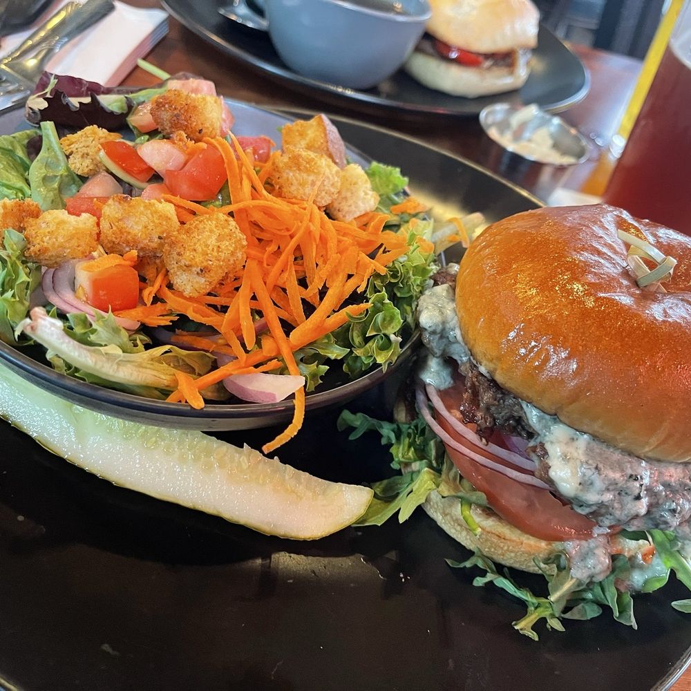 Blue cheese burger with side salad
