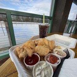 Bandon Bait - Full Size Fish and Chips (Rockfish) with mini slaw and mini shrimp cocktail, ketchup and Tartar Sauce!