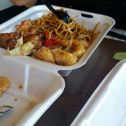 Noodles, orange chicken and fiery chicken breast