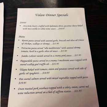 Volare - Dinner Specials Menu - Italian Near Me - San Diego, California Volare - Dinner Specials Menu - Italian Near Me - San Diego, California