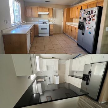 Iconic Floors & More - Full kitchen remodel with White Shaker Cabinets, Black Solid Surface Countertops and 100% Waterproof SPC Vinyl Plank Flooring throughout. - Flooring Near Me - Hemet, California Iconic Floors & More - Full kitchen remodel with White Shaker Cabinets, Black Solid Surface Countertops and 100% Waterproof SPC Vinyl Plank Flooring throughout. - Flooring Near Me - Hemet, California