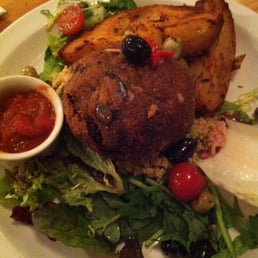 Bean burger with potato wedges and salad! Yumm (sorry for the bad lighting ) Bean burger with potato wedges and salad! Yumm (sorry for the bad lighting )