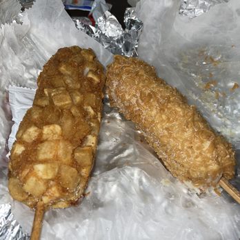 Good Luck Good Time Tea House - On the left is the French Fry K Dog and the left is A Japanese Ramen K Dog. - Cafes Near Me - College Station, Texas Good Luck Good Time Tea House - On the left is the French Fry K Dog and the left is A Japanese Ramen K Dog. - Cafes Near Me - College Station, Texas