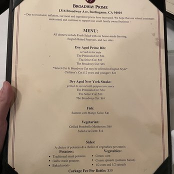 Broadway Prime - Menu - Steakhouses Near Me - Burlingame, California