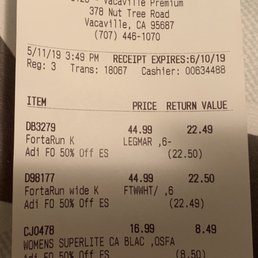 Receipt for two pair of shoes and a hat w/ 50% off sale total: $57.83.