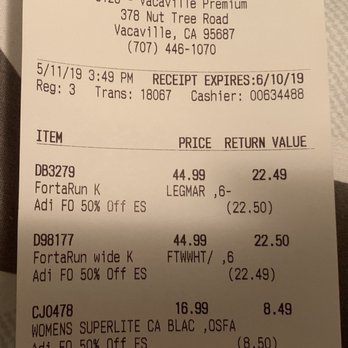adidas Outlet Store Vacaville - Receipt for two pair of shoes and a hat w/ 50% off sale total: $57.83. - Shoe Stores Near Me - Vacaville, California
