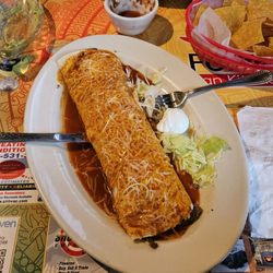 La Fonda Mexican Kitchen- Bruce - Huge! Wet burrito with red sauce dinner.