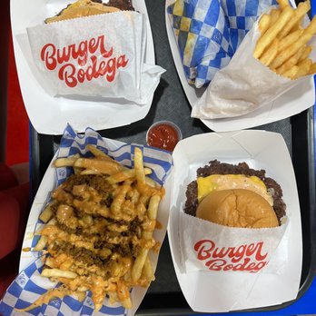 Burger Bodega - Top left and bottom right: smash burger Top right: regular fries and chopped cheese sandwich Bottom left: chopped fries - Burgers Near Me - Houston, Texas Burger Bodega - Top left and bottom right: smash burger Top right: regular fries and chopped cheese sandwich Bottom left: chopped fries - Burgers Near Me - Houston, Texas