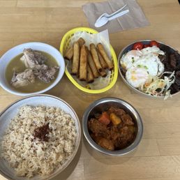 Garlic Fried Rice, chicken tinola, calderetta, Chicken Shanghai Lumpia, 1. Tapa Bowl