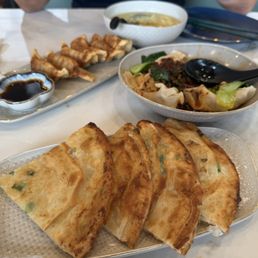 Pork Dumplings, Wontons In Red Chilli Oil, Scallion Pancake, Egg Drop Soup