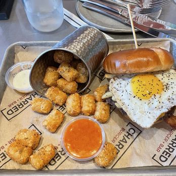 Charred Burger Bar - Breakfast burger and tots - Burgers Near Me - La Vista, Nebraska Charred Burger Bar - Breakfast burger and tots - Burgers Near Me - La Vista, Nebraska