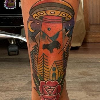 Ohana Tattoo Company - Spaceship beaming up a cow - Tattoo Near Me - Honolulu, Hawaii