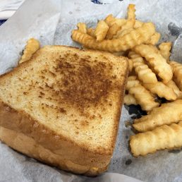 Grilled cheese with fries (it's buttered with a gross oil) Grilled cheese with fries (it's buttered with a gross oil)