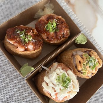 Yubuya - Yubu: Spicy Salmon (Left), Creamy Onion Salmon (Right), & Spicy Yellowtail (Right) - Japanese Near Me - Costa Mesa, California Yubuya - Yubu: Spicy Salmon (Left), Creamy Onion Salmon (Right), & Spicy Yellowtail (Right) - Japanese Near Me - Costa Mesa, California