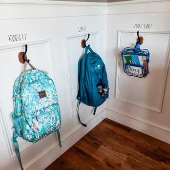 Two Tidy Tinas - Working with the current decor to add matching hooks for a backpack drop-zone. - Home Organization Near Me Two Tidy Tinas - Working with the current decor to add matching hooks for a backpack drop-zone. - Home Organization Near Me