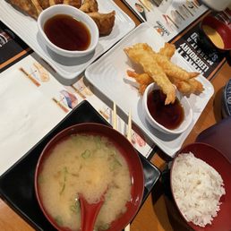 Fried Gyoza 5pcs, Shrimp Tempura 5pcs, Miso Soup, Steamed Rice