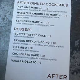 Dessert and after dinner cocktails menu Dessert and after dinner cocktails menu