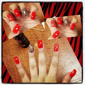 Hot Nail - Hand painted red, leopard & gold glitter by Kelly - Nail Salons Near Me - Whittier, California Hot Nail - Hand painted red, leopard & gold glitter by Kelly - Nail Salons Near Me - Whittier, California