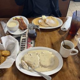 GRAVY BISCUIT, ROOSTER CHIPS, PANCAKE PLATTER, COFFEE. GRAVY BISCUIT, ROOSTER CHIPS, PANCAKE PLATTER, COFFEE.