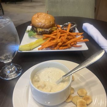Brinkleys Restaurant & Pub - Clam Chowder and a bacon cheeseburger with sweet potato fries. - Hotels Near Me - Boston, Massachusetts Brinkleys Restaurant & Pub - Clam Chowder and a bacon cheeseburger with sweet potato fries. - Hotels Near Me - Boston, Massachusetts