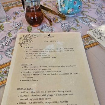 Sugarbird Cafe - Honey, sugar bowl, and menu for tea service - Bakeries Near Me - Glendale, California Sugarbird Cafe - Honey, sugar bowl, and menu for tea service - Bakeries Near Me - Glendale, California