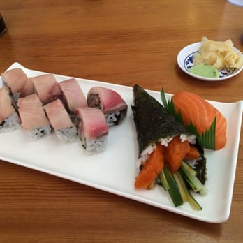 Sushi Maki - Hamachi Lover Roll, Spicy Salmon Hand roll and salmon nigiri - Sushi Bars Near Me - Burien, Washington Sushi Maki - Hamachi Lover Roll, Spicy Salmon Hand roll and salmon nigiri - Sushi Bars Near Me - Burien, Washington