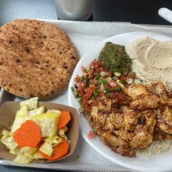 Chill & Grill Pita - Chicken Shish Kebab Plate, Hummus, Pita, Carrots with cabbage , carrots with jalapeño. SO GOOD.