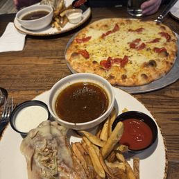 split pub french dip with fries and the bianca pizza