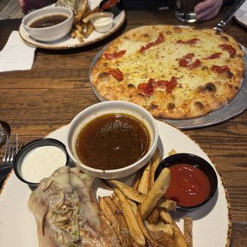 The Pub At 333 - split pub french dip with fries and the bianca pizza - Pizza Near Me - Oakmont, Pennsylvania