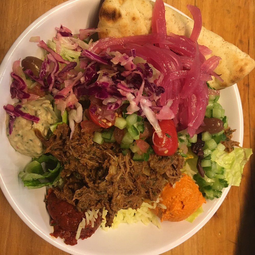 CAVA - Green and Grain Braised Beef Bowl with pita and lots of toppings - Mediterranean Near Me - Fairfax, Virginia