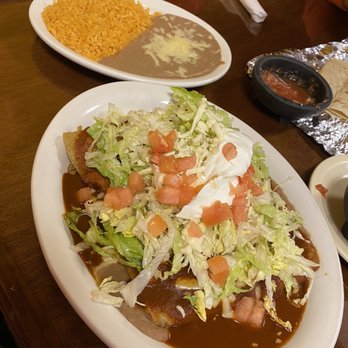 Azteca Mexican Restaurant - Enchilada Supreme Plate, Rice and Beans side - Mexican Near Me - Hudson, Michigan