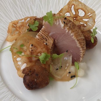 Auberge du Pommier - Jun 2019 visit. Seared albacore tuna, lotus roots and daikon. Seems somewhat influenced by Asian flavors, good appetizer for summer. - French Near Me - Toronto, Ontario
