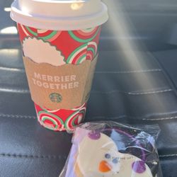 Albertsons - Hot White Mocha Oat Milk Latte & Holiday Penguin Sugar Cookie.