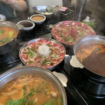 Mokkoji - meats: mokkoji cut and beef toro (fatty belly) broths: spicy miso (the two on the left) and sukiyaki (the one on the right) - Japanese Near Me - Irvine, California