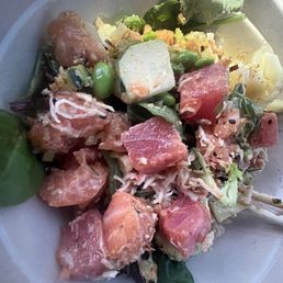 Salad bowl w/ Ahi Tuna & Salmon Dynamite w/ Oahu sauce @Poke Island (HB) Salad bowl w/ Ahi Tuna & Salmon Dynamite w/ Oahu sauce @Poke Island (HB)