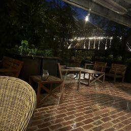 Outdoor seating at night in late October.